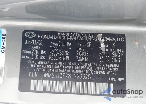 2008 Hyundai Santa Fe Limited/Se z USA, uszkodzony, nr VIN 5NMSH13E28H226325